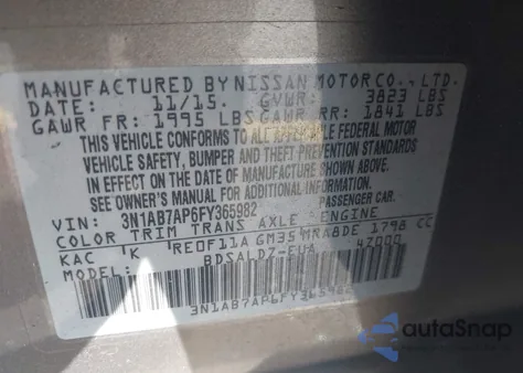 2015 Nissan Sentra Sv z USA, uszkodzony, nr VIN 3N1AB7AP6FY365982